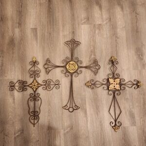 Set of 3 Metal Wall Crosses Ornate Scrollwork‎ Gold Accents Farmhouse Decor